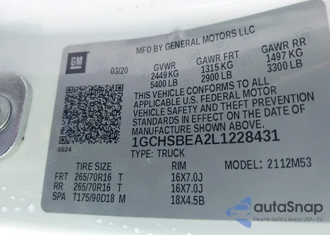 2020 Chevrolet Colorado 2Wd Long Box Wt z USA, uszkodzony, nr VIN 1GCHSBEA2L1228431